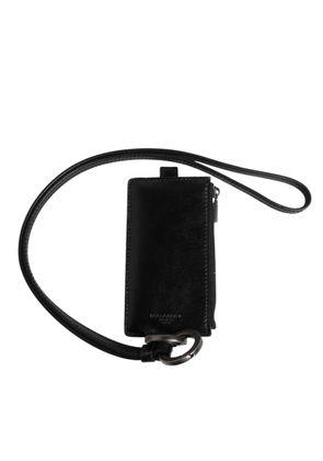 Black Leather Logo Embossed Lanyard Card Holder Wallet