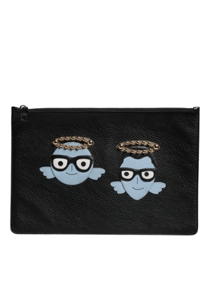 Black Leather #DGFAMILY Embellished Men Zip Pouch Bag