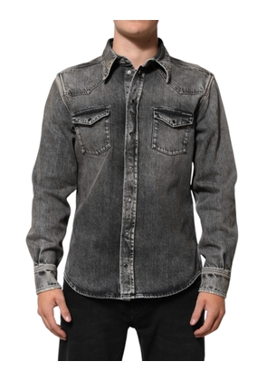 Black Washed Cotton Snap Long Sleeve Casual Shirt - 40