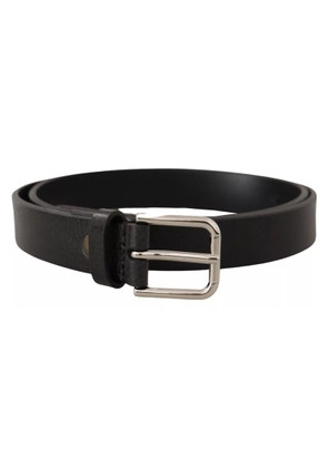 Calf Leather Silver Tone Black Metal Buckle Belt - 80 cm / 32 Inches