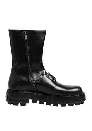 Dolce & Gabbana Black Logo Plaque Mid Calf Biker Boots Shoes - EU44/US11