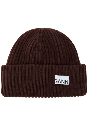 Ganni Logo-appliquéd Ribbed Wool-blend Beanie - Brown - One Size