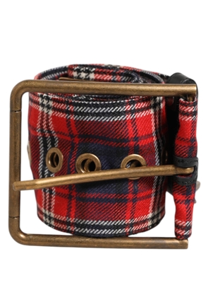 Dolce & Gabbana Red Plaid Fabric Logo Plate Brass Buckle Belt - 90 cm / 36 Inches