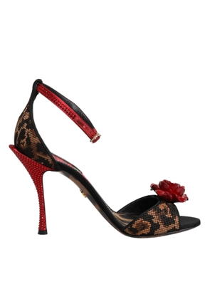 Dolce & Gabbana Brown Leopard Crystal Roses Sandals Shoes - EU36/US5.5