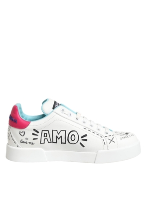 Dolce & Gabbana White Leather Graffiti Low Top Sneakers Shoes - EU36.5/US6