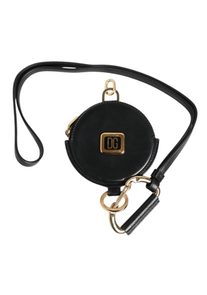 Black Round Leather DG Logo Coin Purse Lanyard Wallet