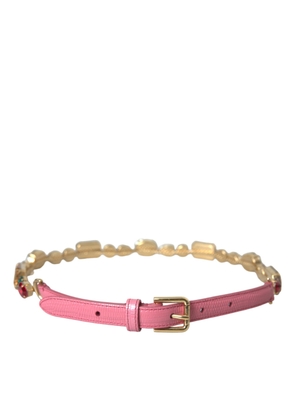 Dolce & Gabbana Pink Leather Crystal Chain Embellished Belt - 85 cm / 34 Inches