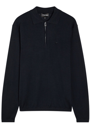 Emporio Armani Logo-embroidered Fine-knit Wool Polo Jumper - Navy - L