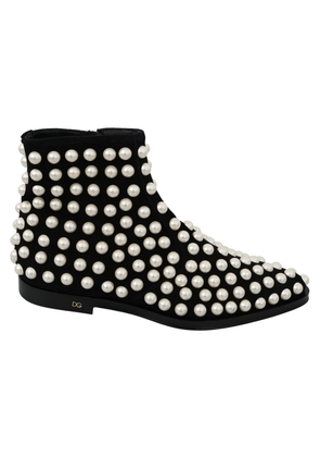 Chic Black Suede Ankle Boots with Pearls - EU39/US8.5