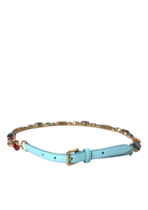 Dolce & Gabbana Light Blue Leather Crystal Chain Waist Belt - 85 cm / 34 Inches