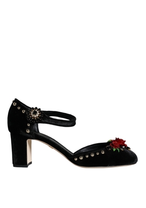 Black Velvet Roses Ankle Strap Pumps Shoes - EU37/US7