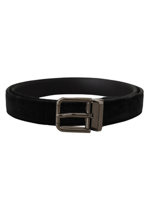 Dolce & Gabbana Black Velvet Silver Tone Logo Metal Buckle Belt - 75 cm / 29,5 Inches
