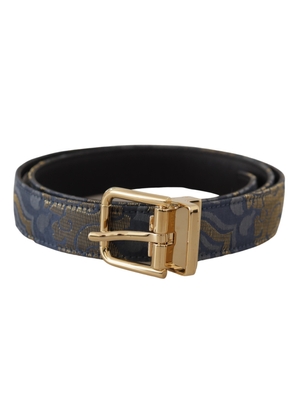 Dolce & Gabbana Navy Blue Jacquard Gold Tone Logo Metal Buckle Belt - 75 cm / 29,5 Inches