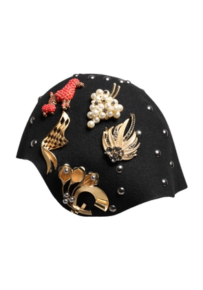 Black Wool Multicolor Embellished Cloche Hat