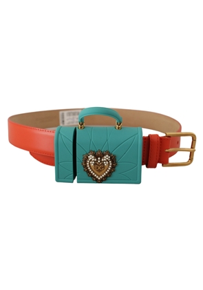 Dolce & Gabbana Orange Leather Devotion Heart Micro Bag Headphones Belt - 70 cm / 28 Inches