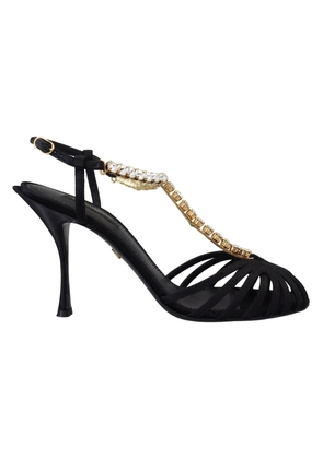 Dolce & Gabbana Black Satin Clear Crystal T-strap Sandal Shoes - EU35.5/US5
