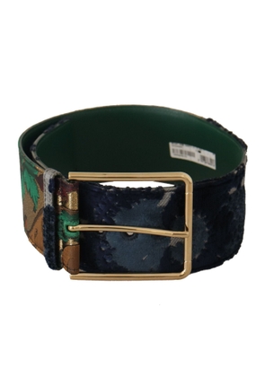 Dolce & Gabbana Green Jaquard Embroid Leather Gold Metal Belt - 70 cm / 28 Inches