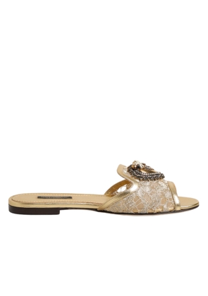 Dolce & Gabbana Gold Devotion Lace Flats Slip On Sandals Shoes - EU35.5/US5