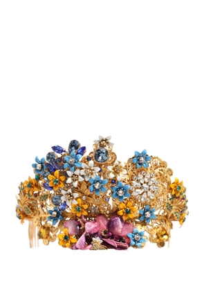 Dolce & Gabbana Gold Brass Crystal Floral Hortensia Crown Headband Tiara