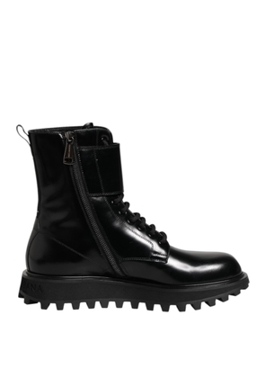 Black Leather Lace Up Mid Calf Boots Shoes - EU42/US9