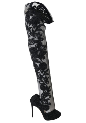 Embroidered Floral Over-Knee Boots - EU39/US8.5