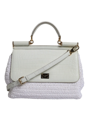 White Rafia Leather Top Handle Crossbody Bag