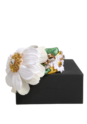 Dolce & Gabbana White Yellow Silk Blend Floral Crystals Diadem Headband