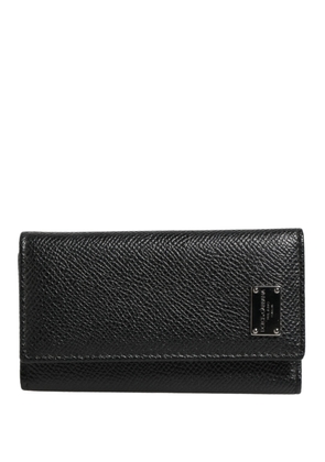 Dolce & Gabbana Black Leather Silver Metal Logo Plaque Trifold Keyring