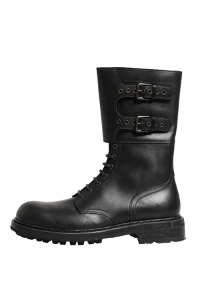 Dolce & Gabbana Black Leather Belted Buckle Combat Boots Shoes - EU44/US11