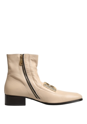 Dolce & Gabbana Beige Leather Logo Plaque Ankle Boots Shoes - EU44/US11