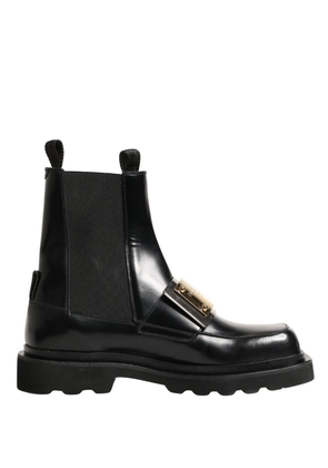 Dolce & Gabbana Black Leather Logo Plaque Ankle Boots Shoes - EU44/US11