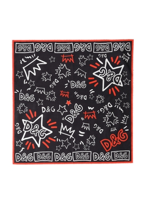 Dolce & Gabbana Black White Red DG Crown Cotton Foulard 47cm x 46cm Scarf