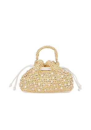 BTB Los Angeles Nia Mini Crystal Bucket Bag in Beige.