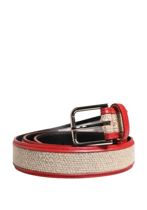 Dolce & Gabbana Men Beige Red Woven Leather Metal Buckle Belt - 90 cm / 36 Inches