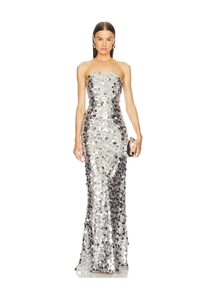 Bronx and Banco Farah Strapless Gown in Metallic Silver. Size L. Also in S, XS.
