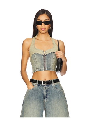 Abrand Roxie Denim Halter Top in Blue. Size M. Also in XS, S.