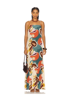 ADRIANA DEGREAS Organic Floral Long Dress in Teal,Cream. Size M. Also in S.