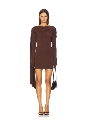 ALL THE WAYS Beatriz Drape Mini Dress in Brown. Size L. Also in XS, XXS, S, M, XL.