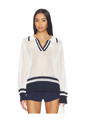 Bobi Polo Mix Stitch Sweater in White,Navy. Size L. Also in XS, S, M, XL.