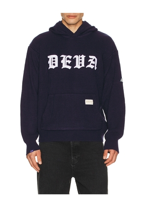 Deva States Blackletter Knitted Hoodie in Blue. Size L. Also in S, M, XL/1X.