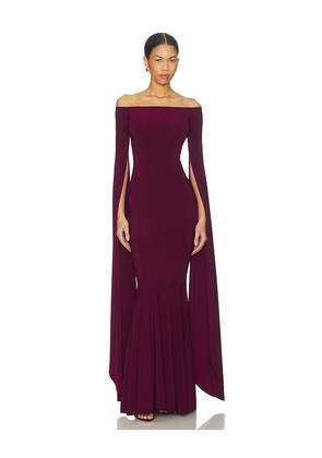 Norma Kamali Off Shoulder Ribbon Sleeve Fishtail Gown in Burgundy. Size M. Also in S, XS.