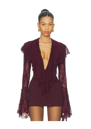 Norma Kamali Long Sleeve Deep V Ruffle Bodysuit in Burgundy. Size L. Also in S, XL, XXS.