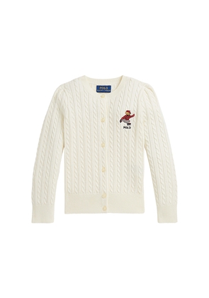 Polo Ralph Lauren Long Sleeve Bear Graphic Cable Knit Cardigan in Cream. Size 4. Also in 6.