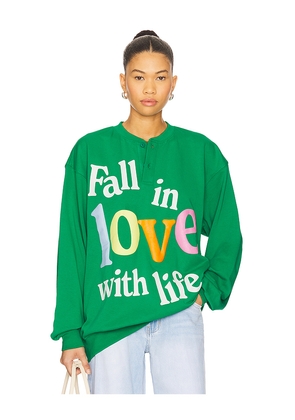 The Mayfair Group Fall in Love With Life Henley Sweatshirt in Green. Size L/XL. Also in XS, S/M.