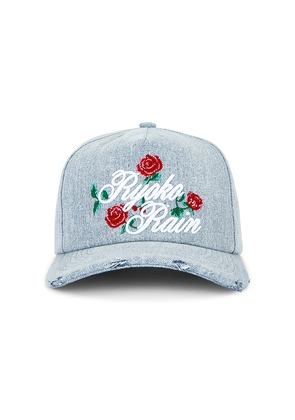 Ryoko Rain Denim Rose Strapback Hat in Blue.