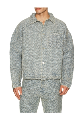 Ryoko Rain Seigaiha Jacquard Denim Work Jacket in Blue. Size L. Also in S, M, XL/1X.