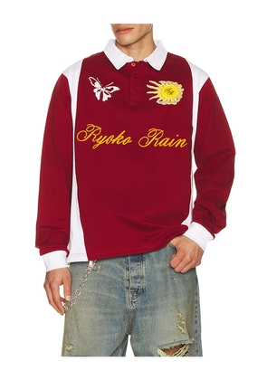 Ryoko Rain Rugby Long Sleeve Polo in Red. Size L. Also in S, M, XL/1X.