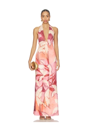 SEVEN WONDERS Kaeli Tie Front Halter Maxi Dress in Pink. Size L. Also in M, S, XL, XS.