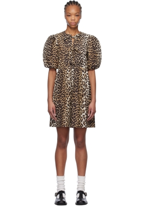 GANNI Brown Leopard Printed Cotton Tie String Minidress