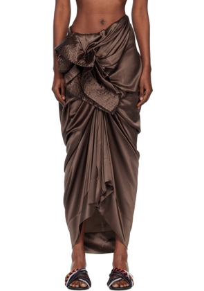 Dries Van Noten Brown Draped Silk Satin Midi Skirt